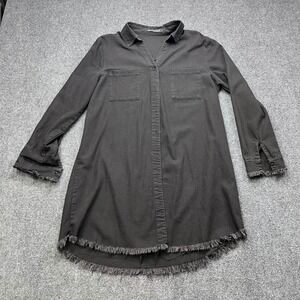 Zilcremo‎ Fringe Raw Hem Button Up Denim Black Tunic Shirt Dress